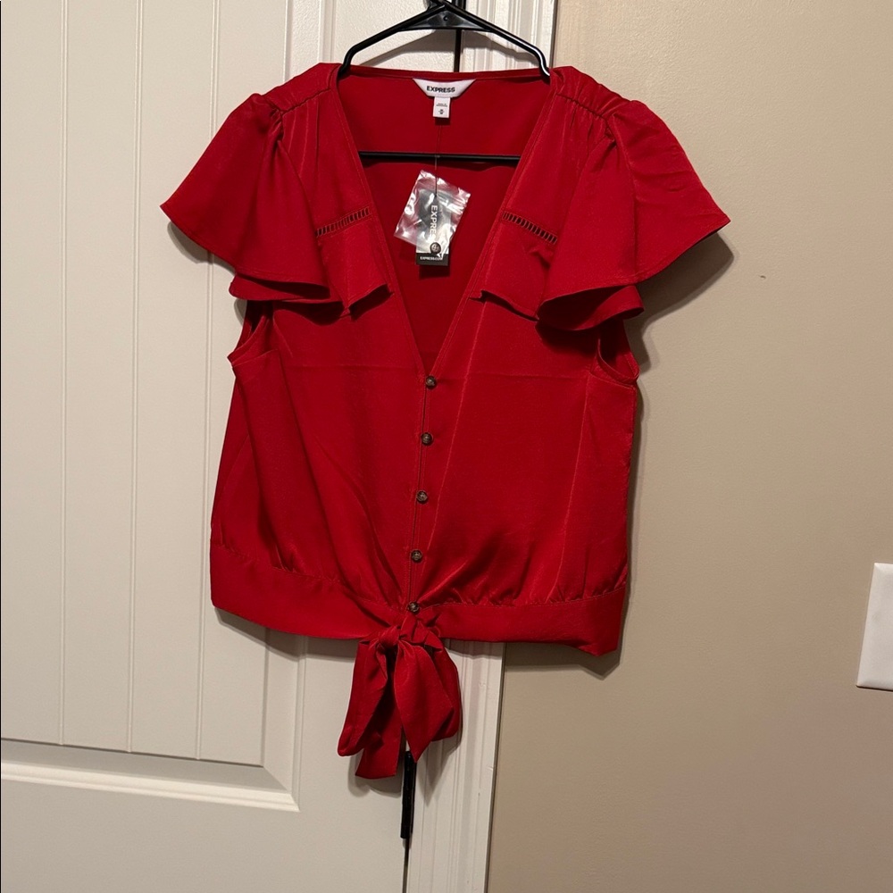 Express Red Tie-Front Flutter Sleeve Blouse